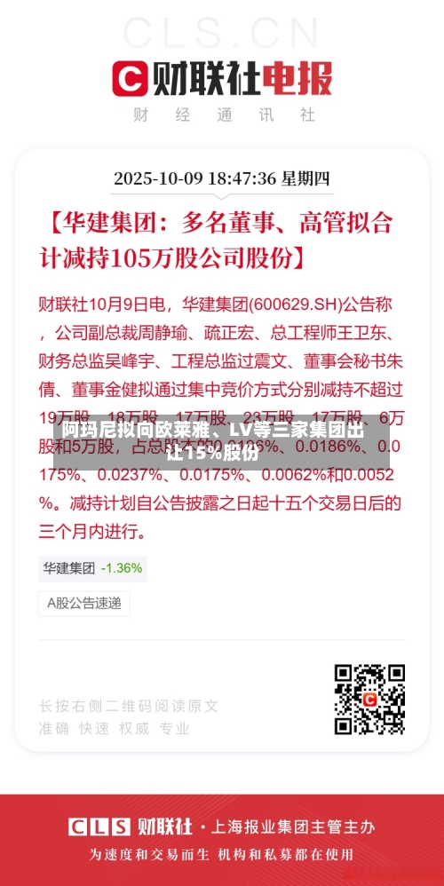 阿玛尼拟向欧莱雅	、LV等三家集团出让15%股份-第1张图片